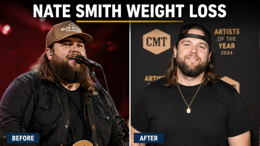 A side-by-side comparison of country singer Nate Smith from November 2022 and June 2026 showing his physical transformation.