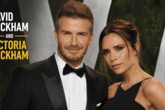 A composite image showing David and Victoria Beckham at the Hollywood Walk of Fame alongside a vintage throwback photograph of the couple.