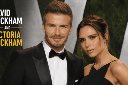A composite image showing David and Victoria Beckham at the Hollywood Walk of Fame alongside a vintage throwback photograph of the couple.