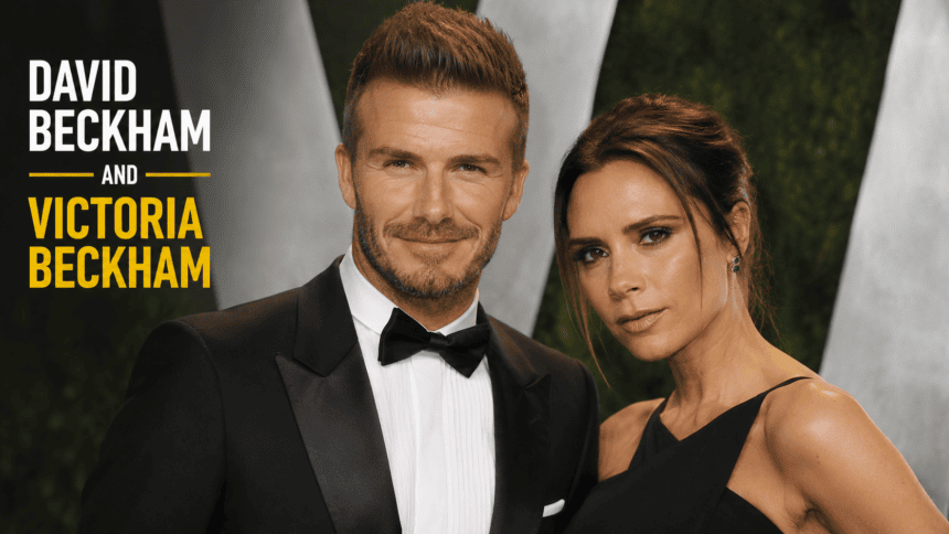 A composite image showing David and Victoria Beckham at the Hollywood Walk of Fame alongside a vintage throwback photograph of the couple.
